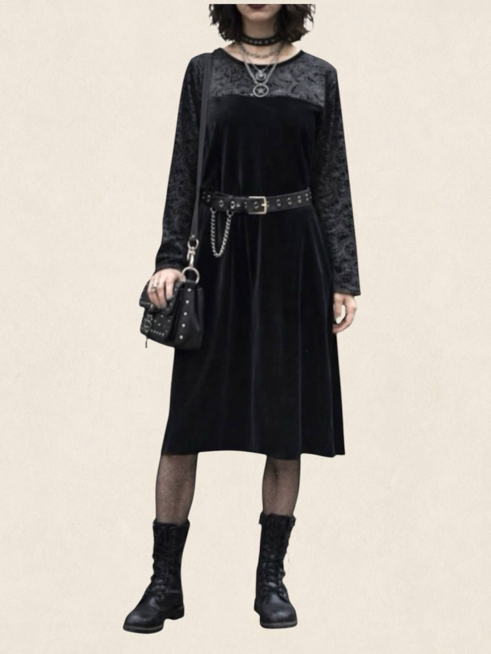 Vintage Velvet Burnout Midi Dress Gothic Grunge Black Long Sleeve Sz 14 Tall